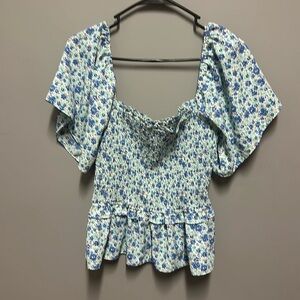 Mittoshop Smocked Blue Floral Off The Shoulder Peplum Top
